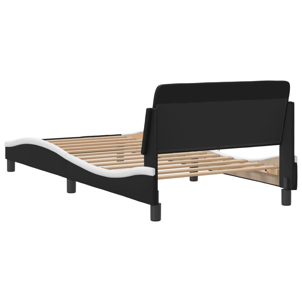 Black upholstered bed frame with curved design and wooden slats