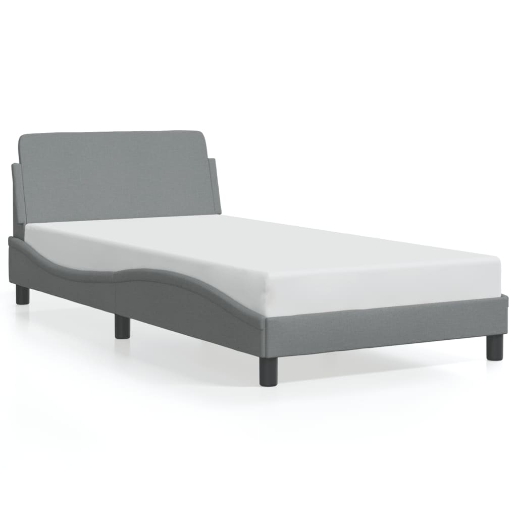 White wooden bed frame with slats and dimensions shown for a twinsize mattress