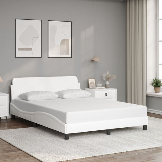 Modern white faux leather queen bed frame with curved headboard and two pillows