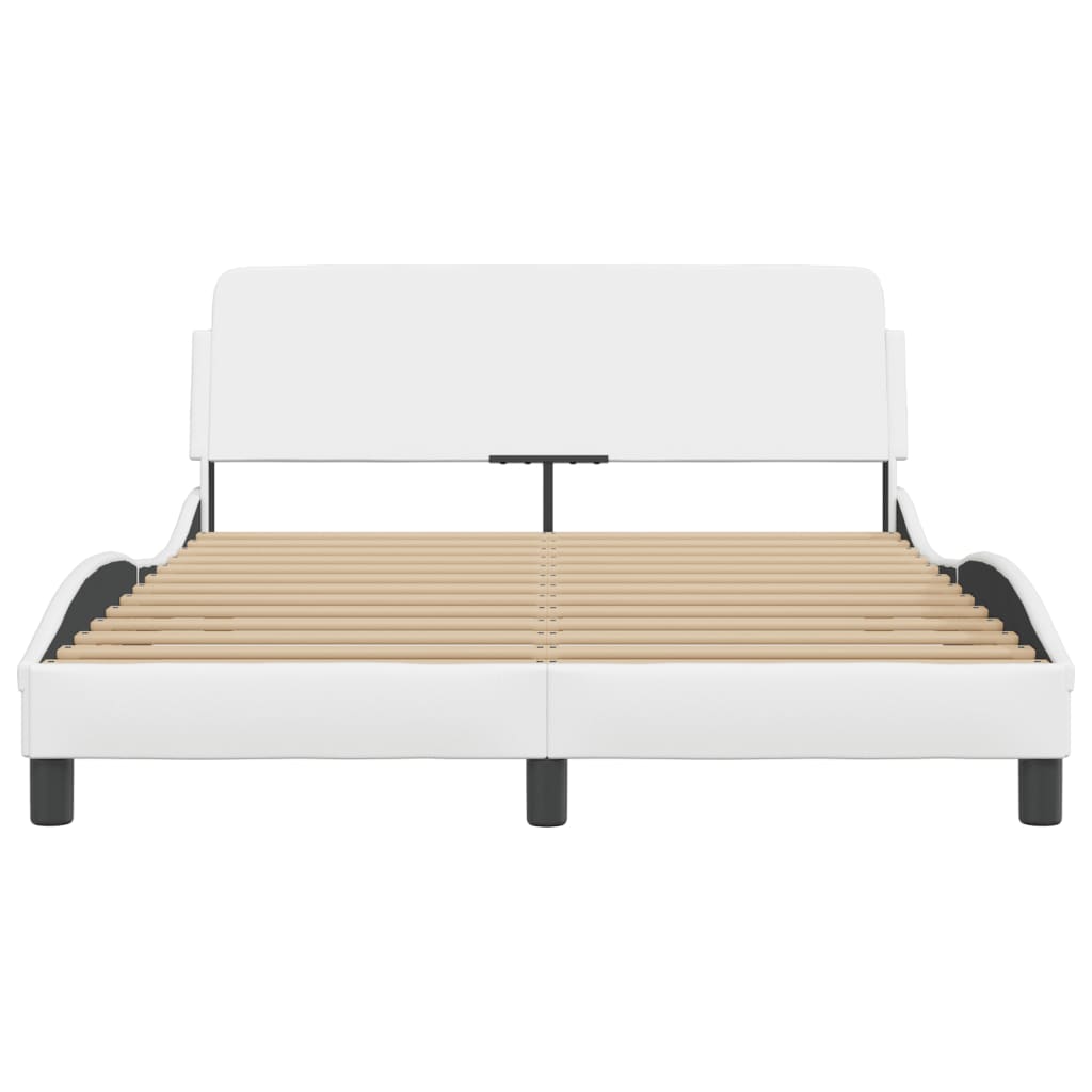 White upholstered modern bed frame with wooden slats