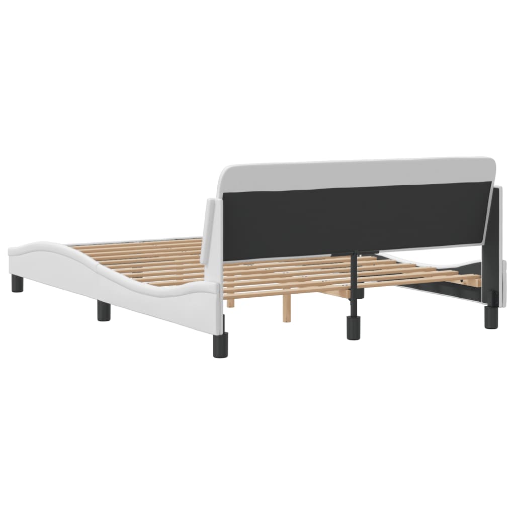 White upholstered platform bed frame with curved headboard and wooden slats
