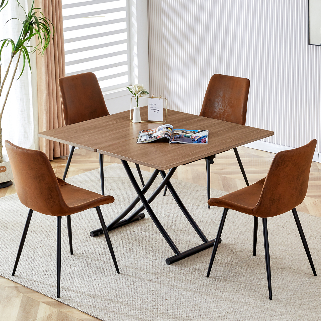 Compact dining table set with four brown faux leather chairs