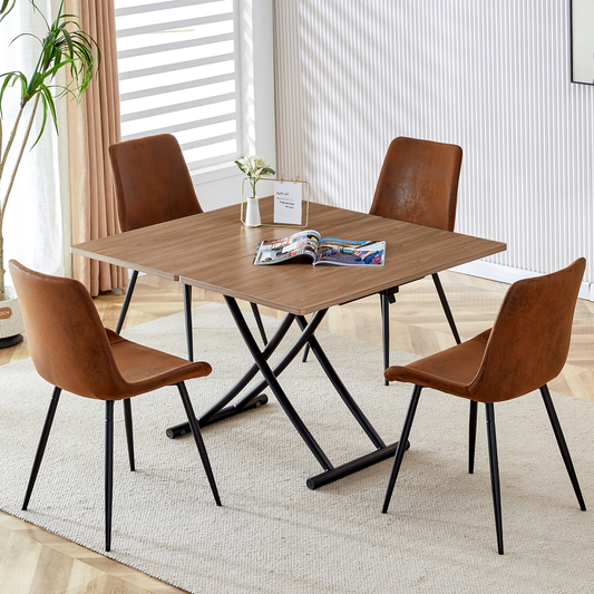 Compact dining table set with four brown faux leather chairs