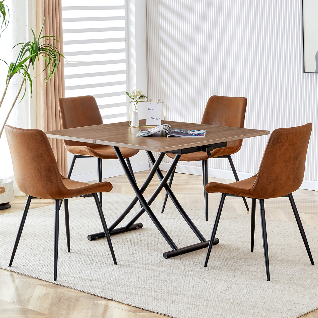 Brown faux leather dining chairs with black metal legs set