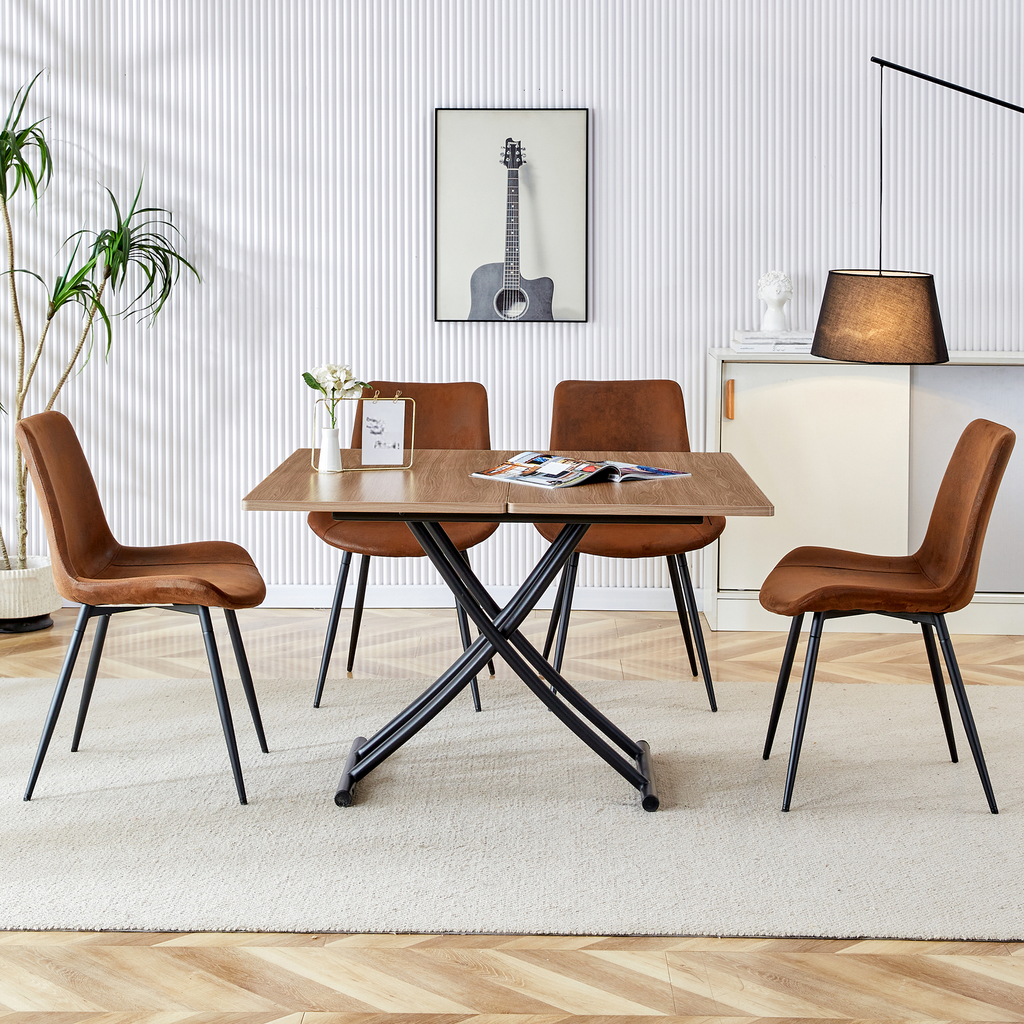 Rustic wooden dining table with four brown faux leather chairs