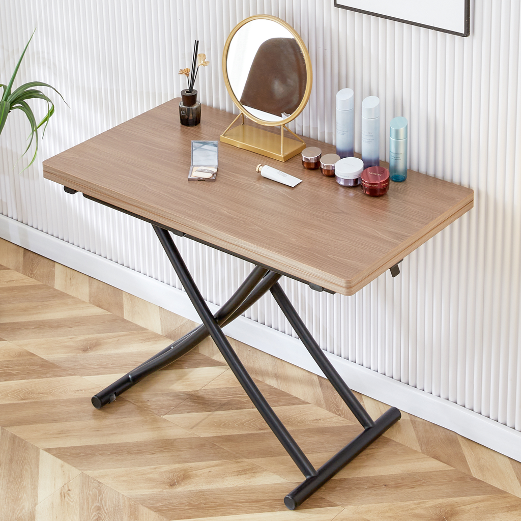 Adjustable height folding desk with wood grain top and black metal legs