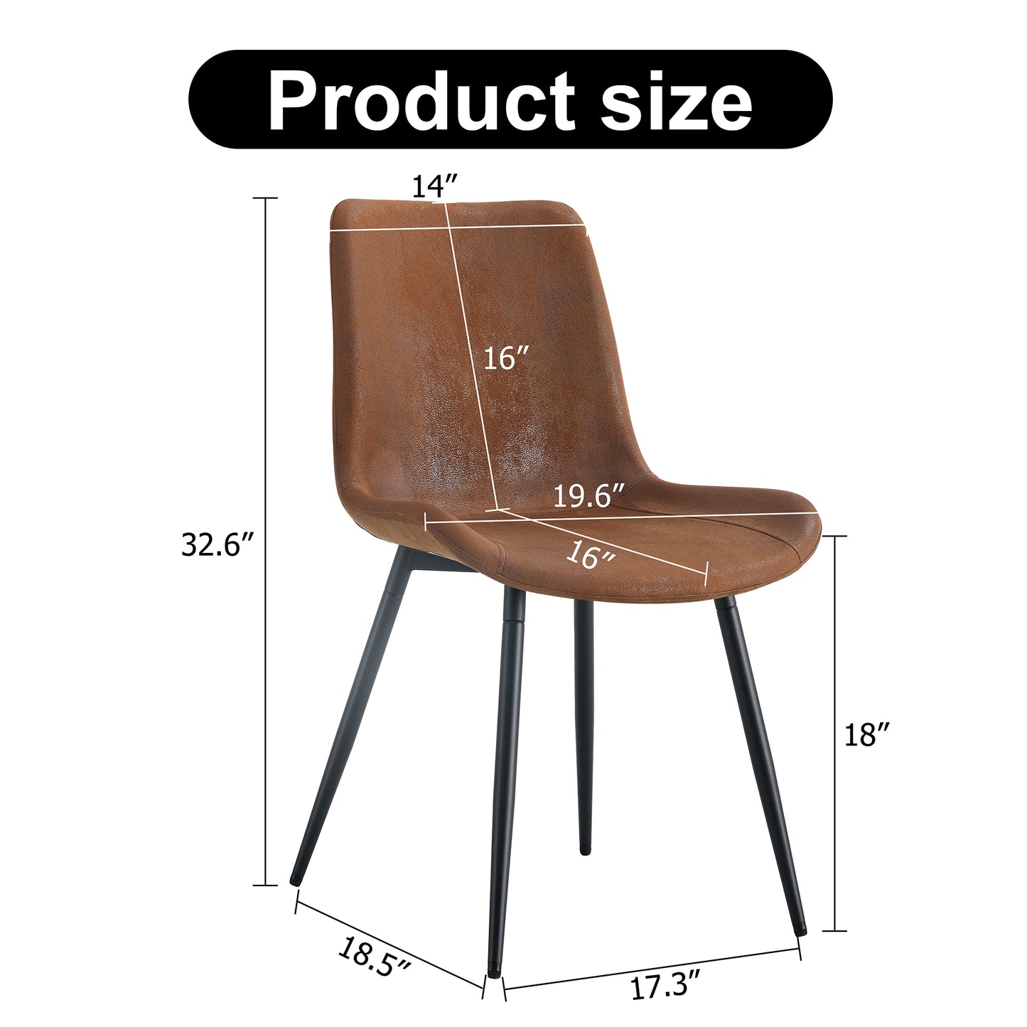 Brown leather dining chair with black metal legs dimensions shown