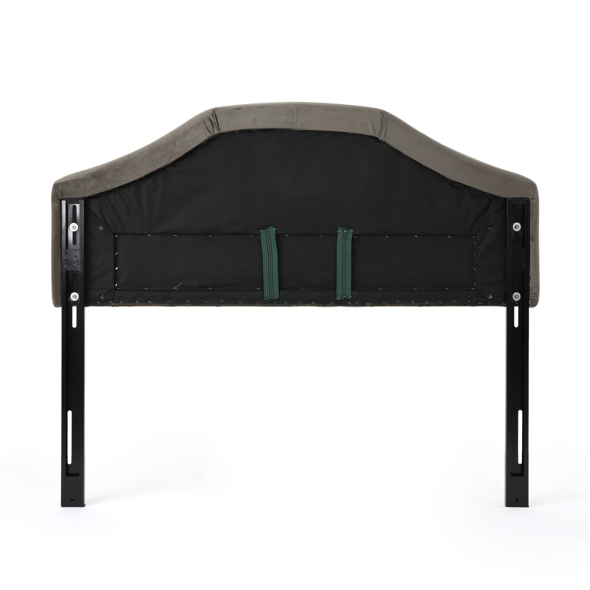 Gray velvet arched headboard with black metal legs