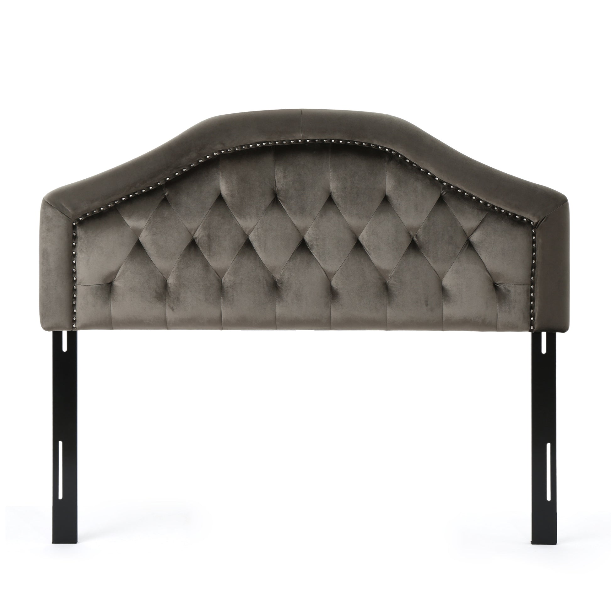 Gray velvet headboard with diamond tufting and silver nailhead trim
