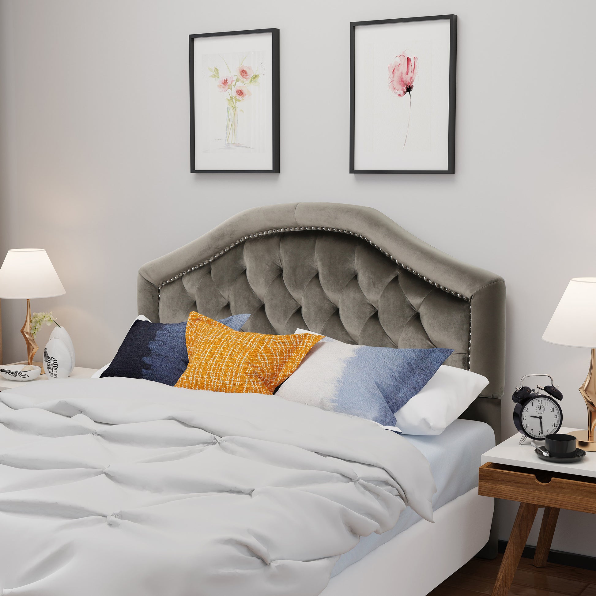 Gray velvet tufted headboard with nailhead trim for a queen bed