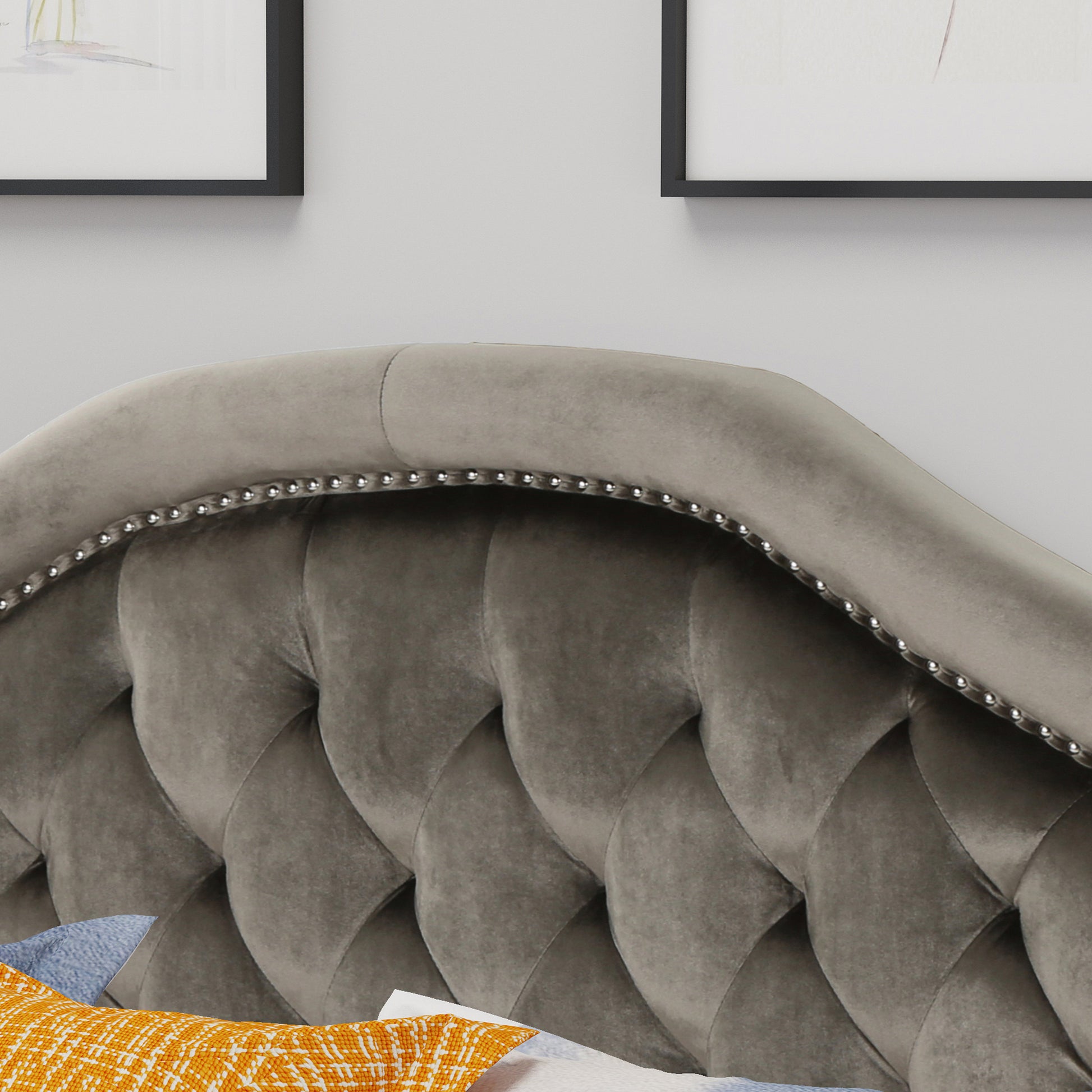 Grey velvet tufted headboard with silver nailhead trim detail for bedroom decor