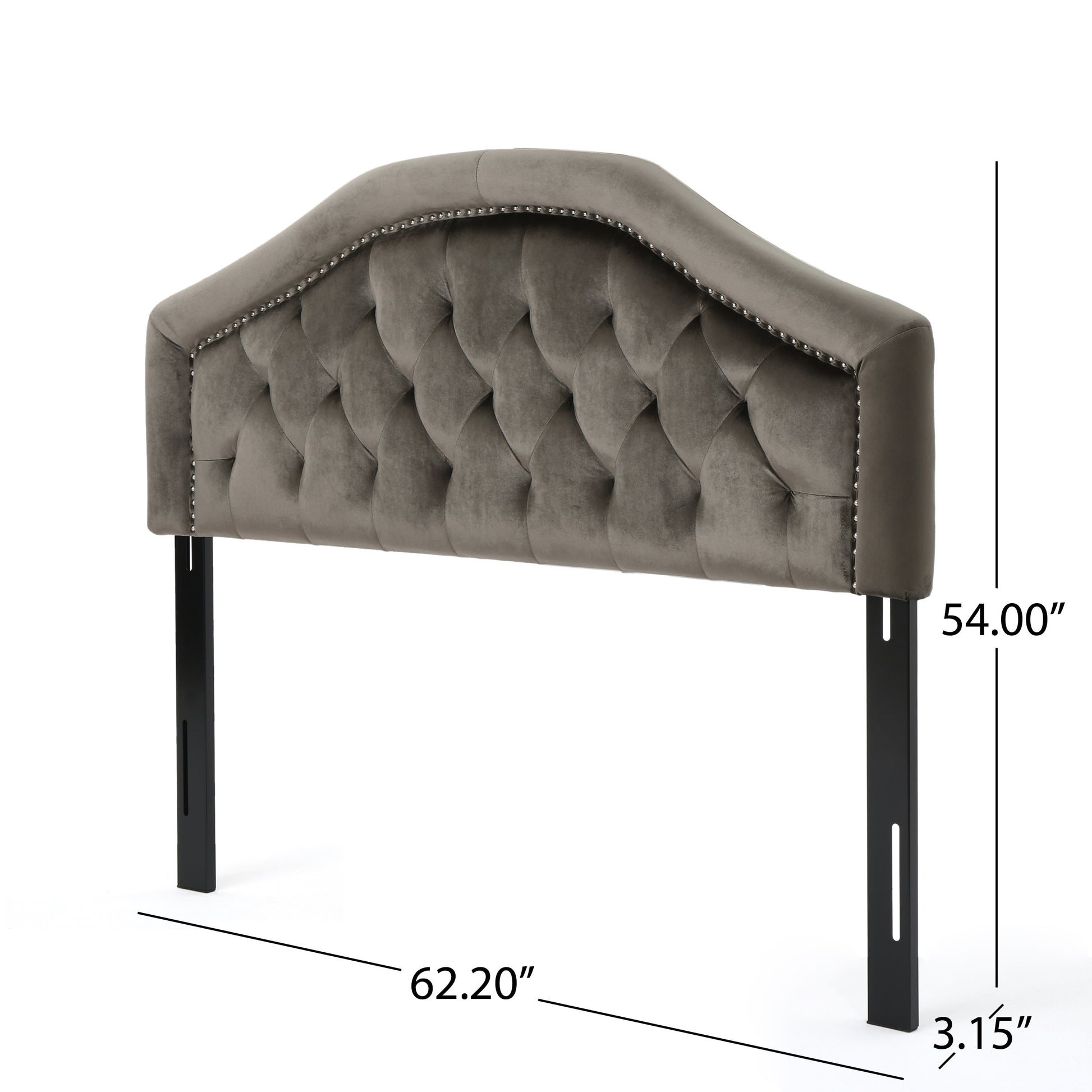 Grey velvet tufted headboard with nailhead trim and black metal legs