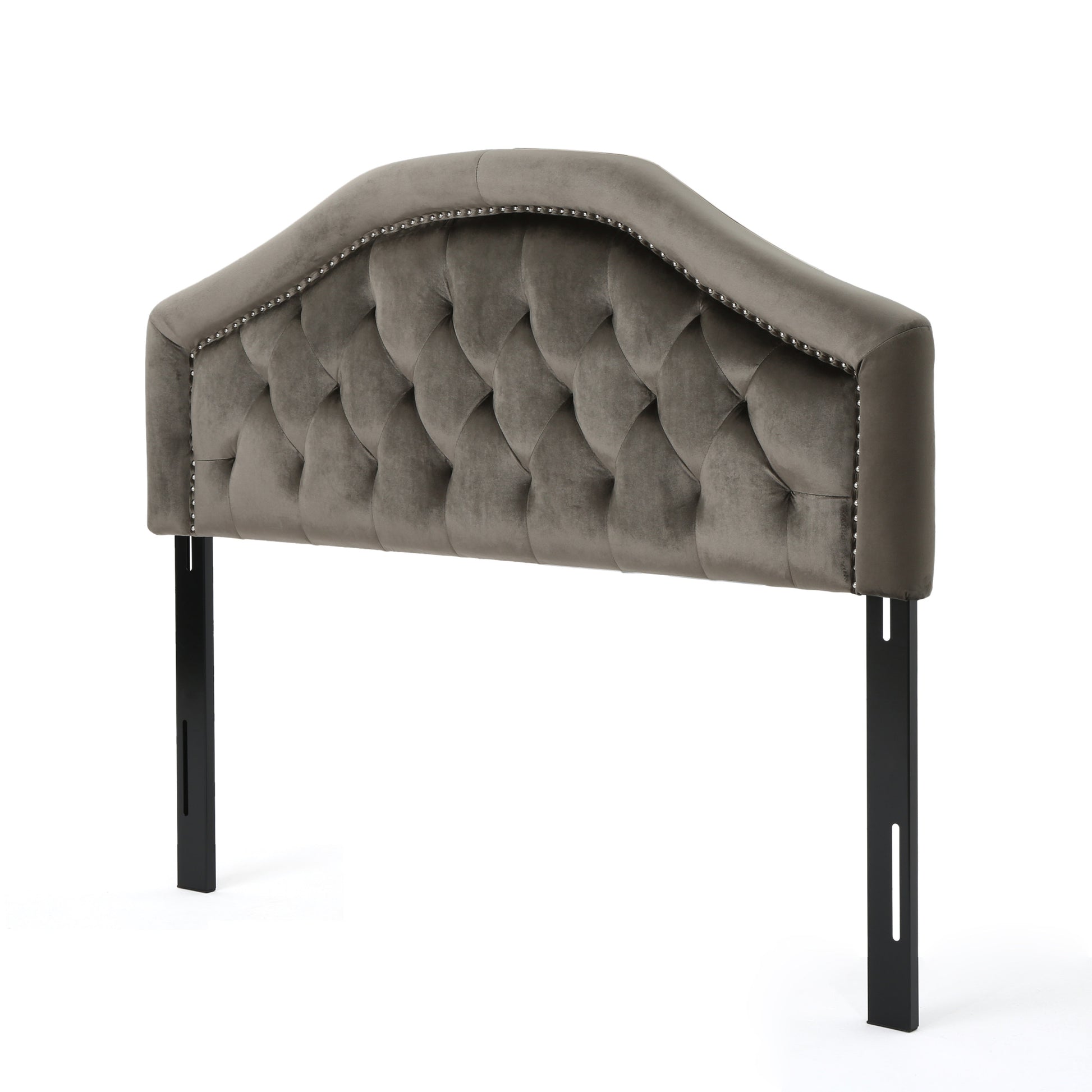 Tufted velvet headboard in taupe with silver nailhead trim and black metal legs