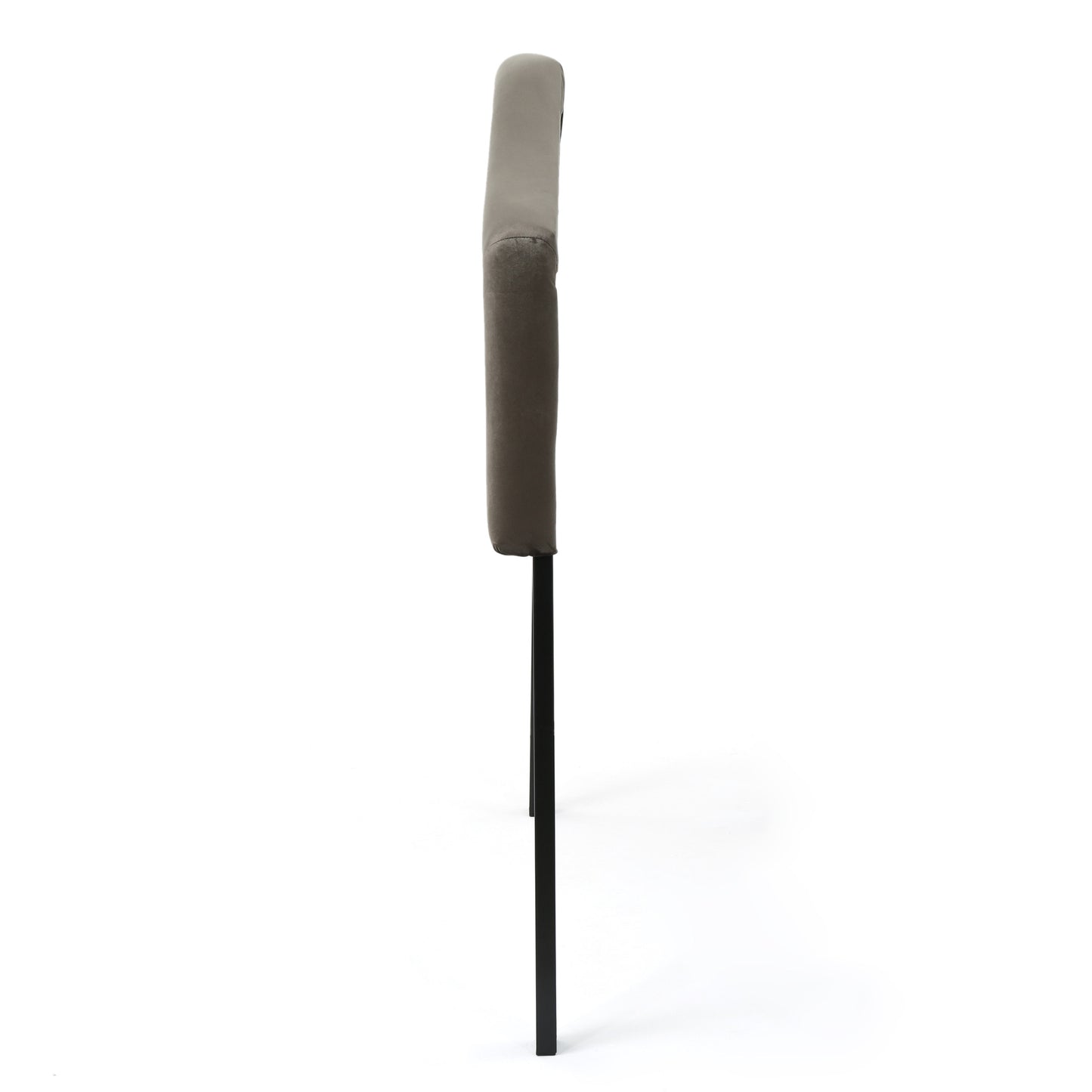 Gray velvet upholstered headboard with a sleek black metal frame