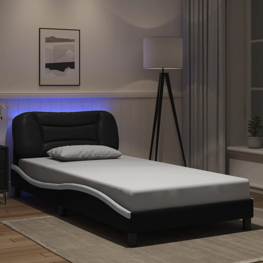 Black faux leather twin bed frame with integrated LED headboard lighting