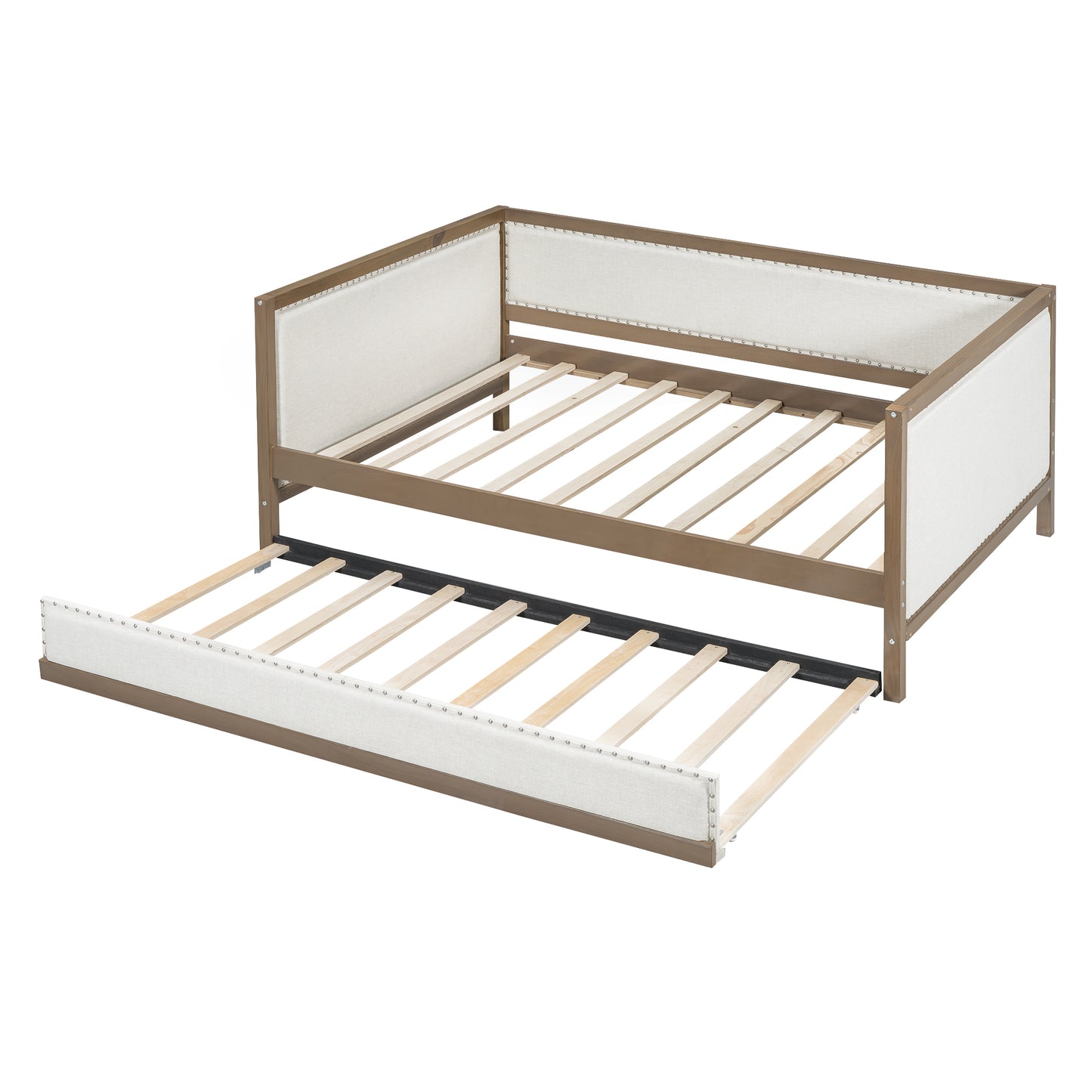 Wooden daybed with upholstered sides and pullout trundle bed