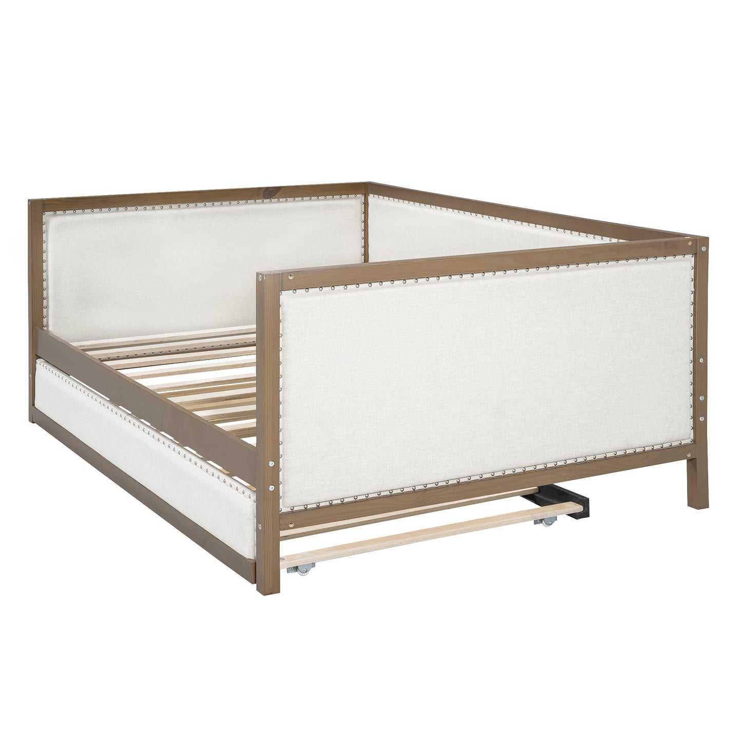 Upholstered daybed frame with wooden trim and nailhead accents