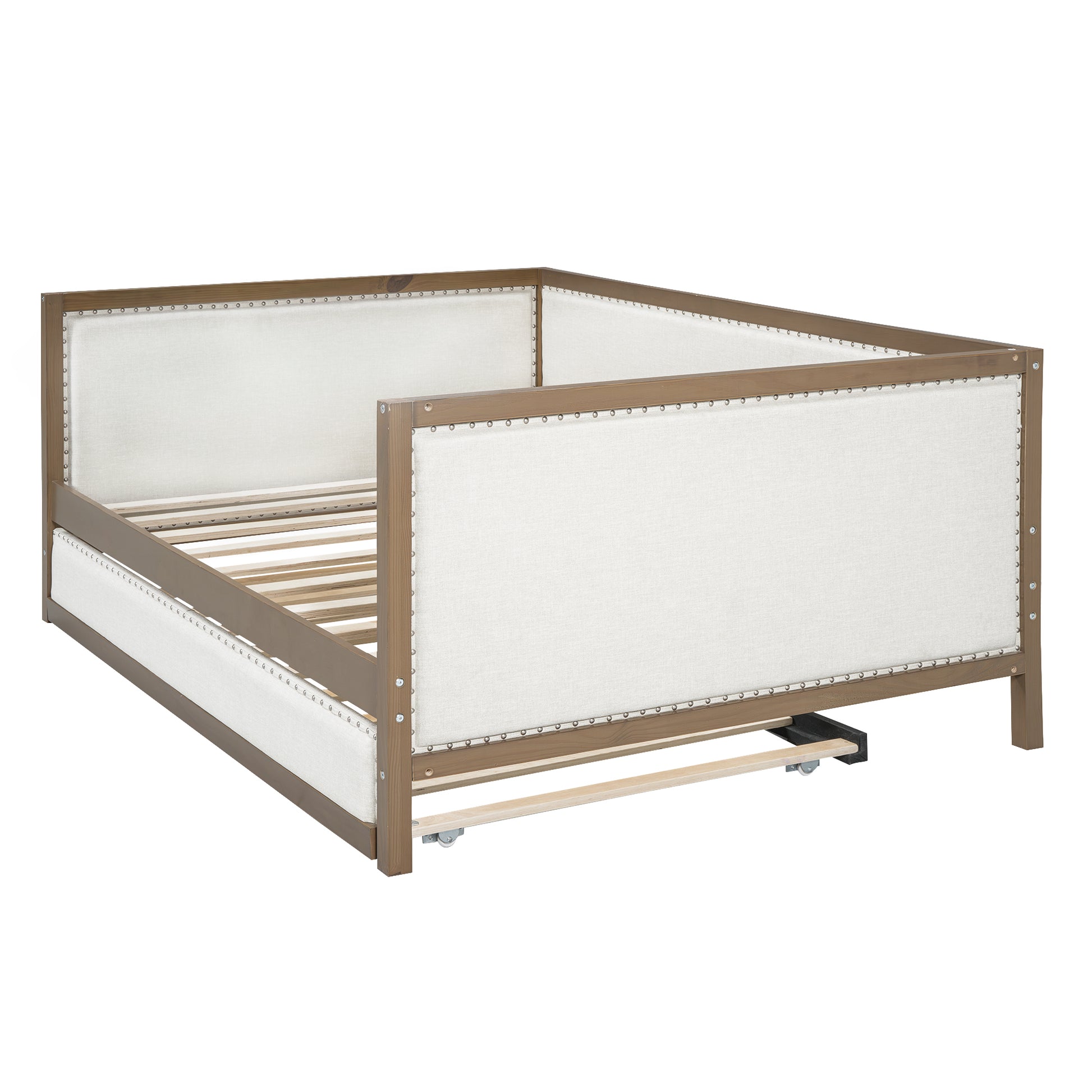 Upholstered daybed frame with wooden trim and nailhead accents