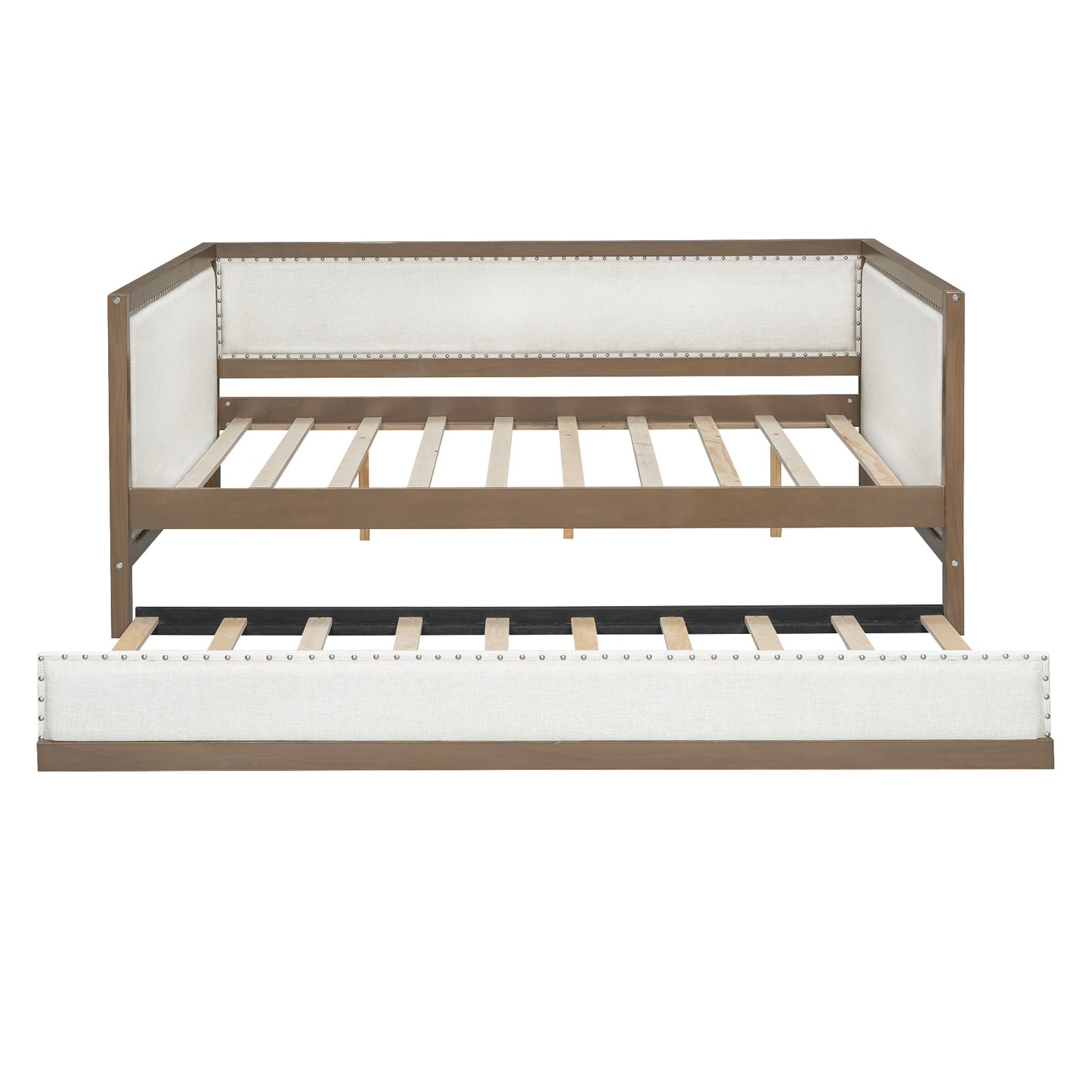 Brown wood daybed with upholstered cream linen sides and pullout trundle