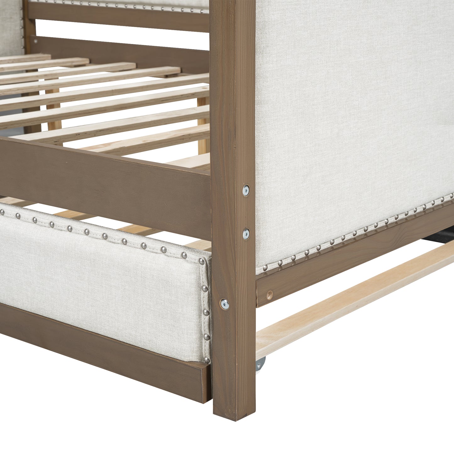 Brown wooden bed frame with upholstered headboard and footboard