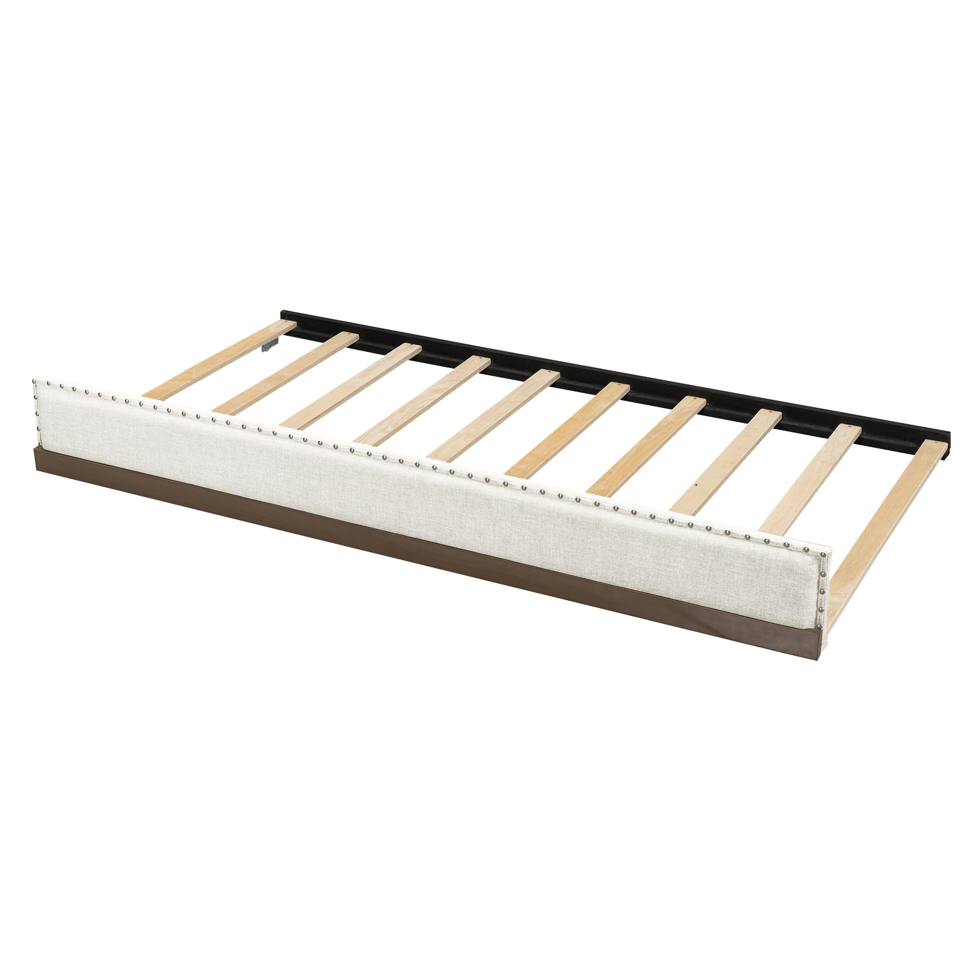 Upholstered bed frame with wooden slats and tufted detail