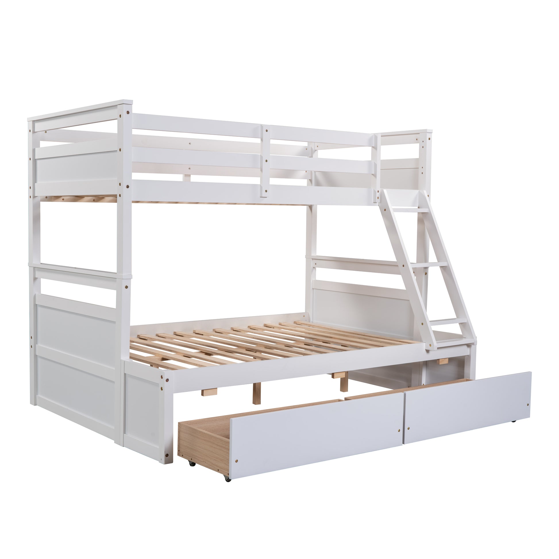 White wooden triple bunk bed with ladder and three drawers