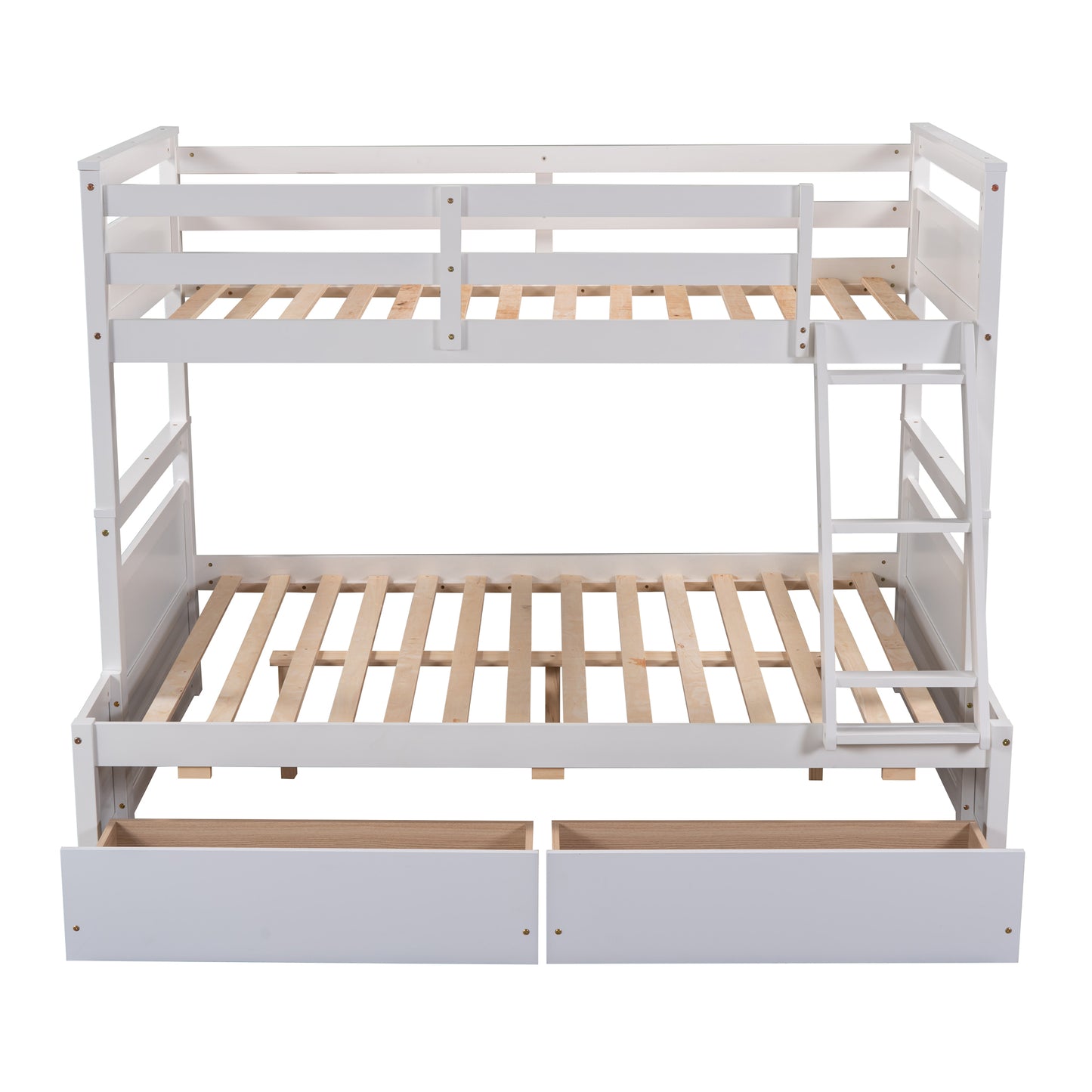 White wooden triple bunk bed with drawers