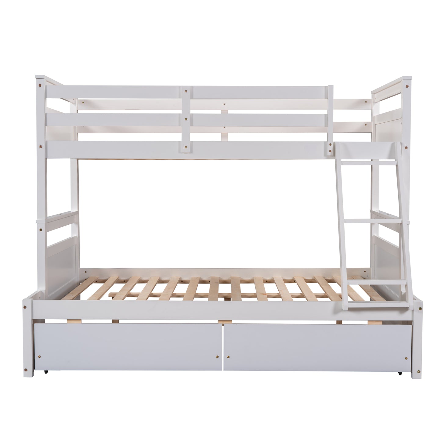 White wooden bunk bed with ladder and two drawers