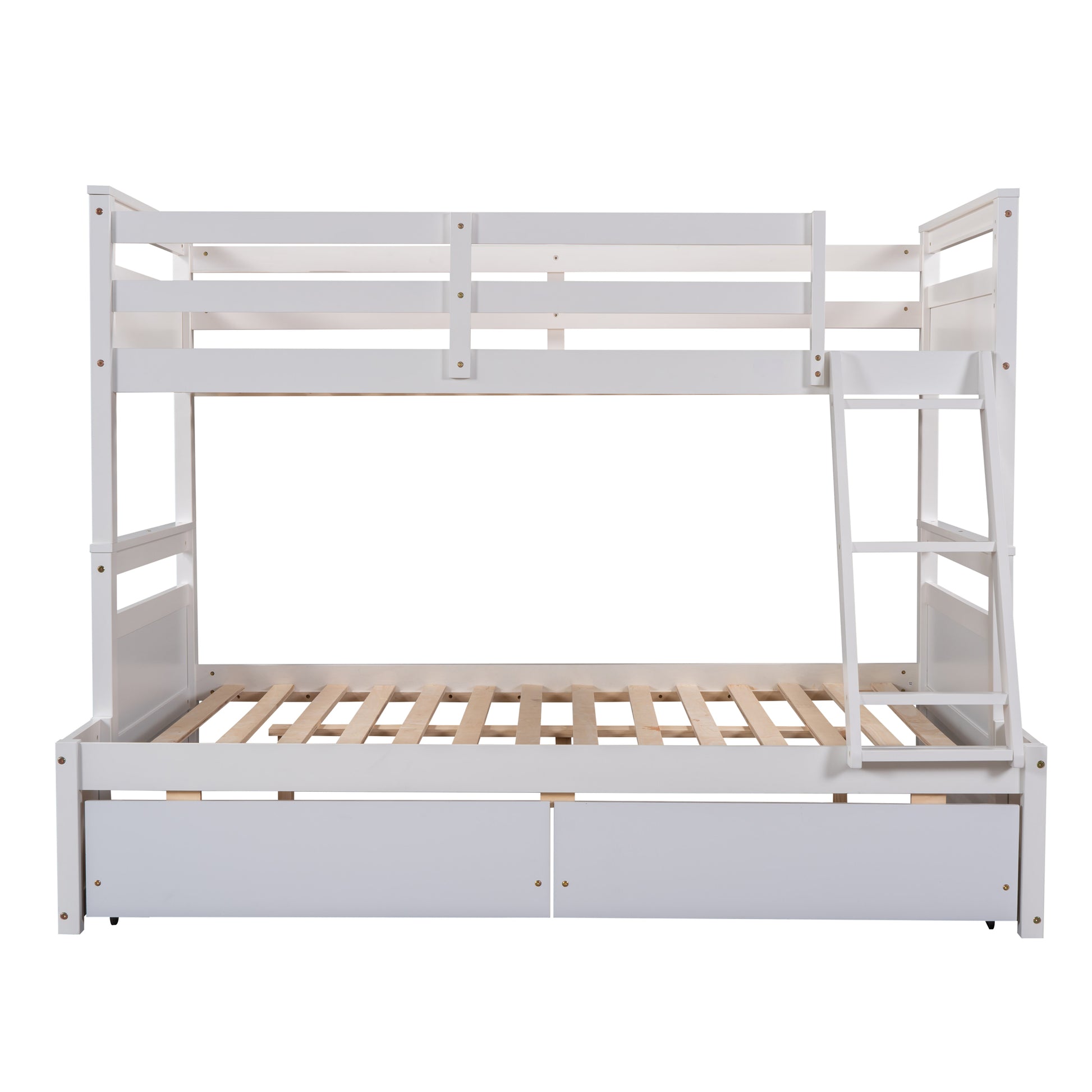 White wooden bunk bed with ladder and two drawers