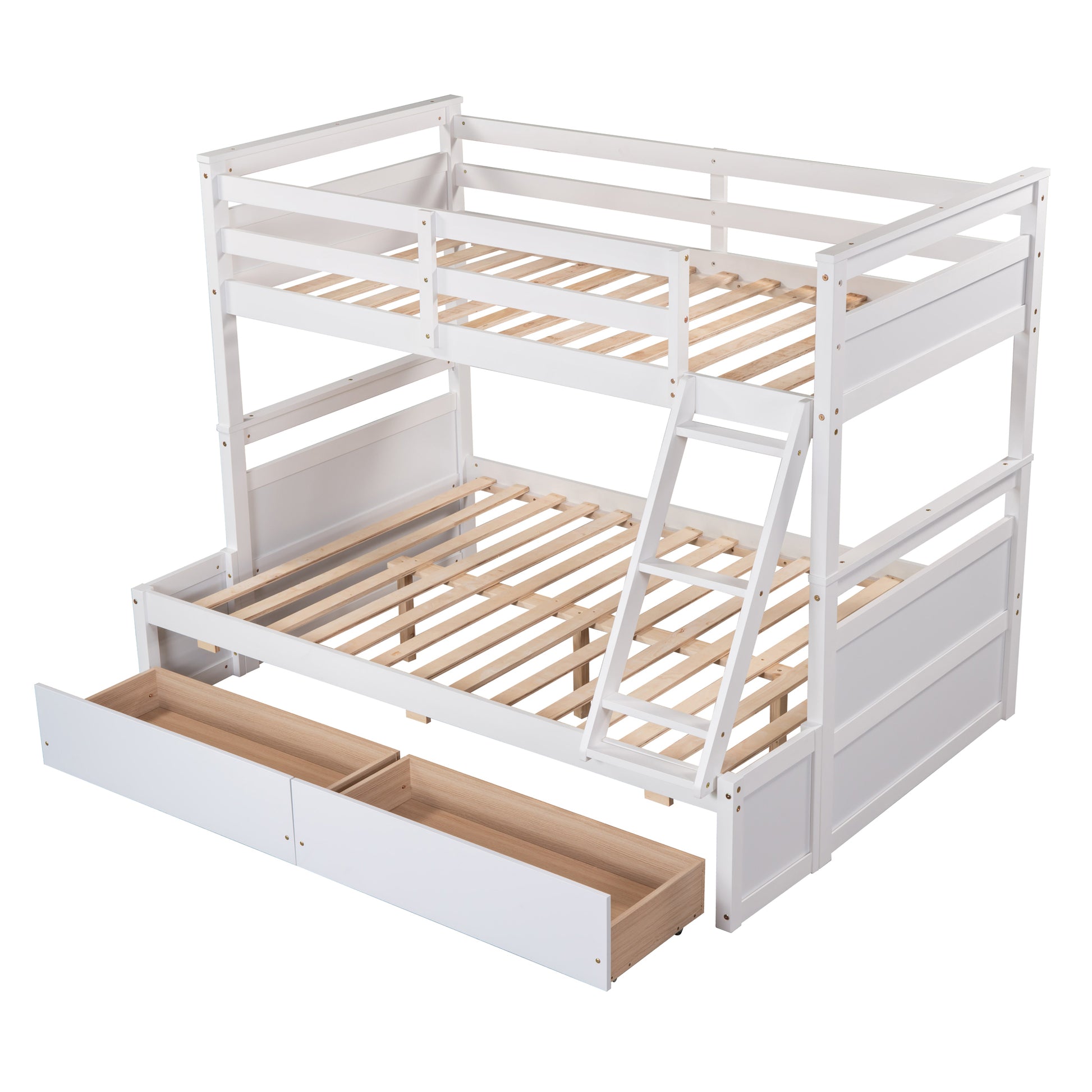 White wooden bunk bed with ladder and three storage drawers
