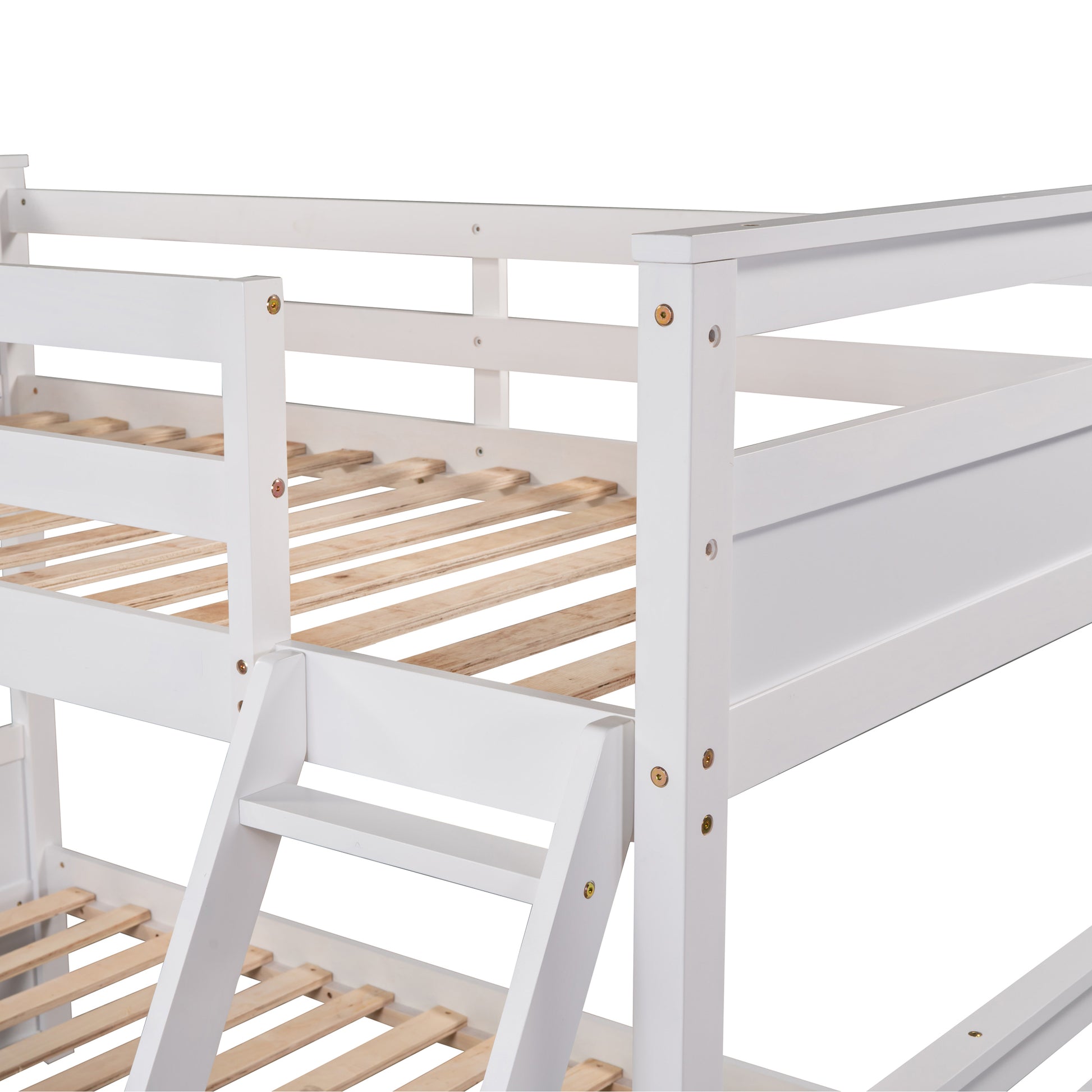 White wooden bunk bed frame detail showing ladder and slats