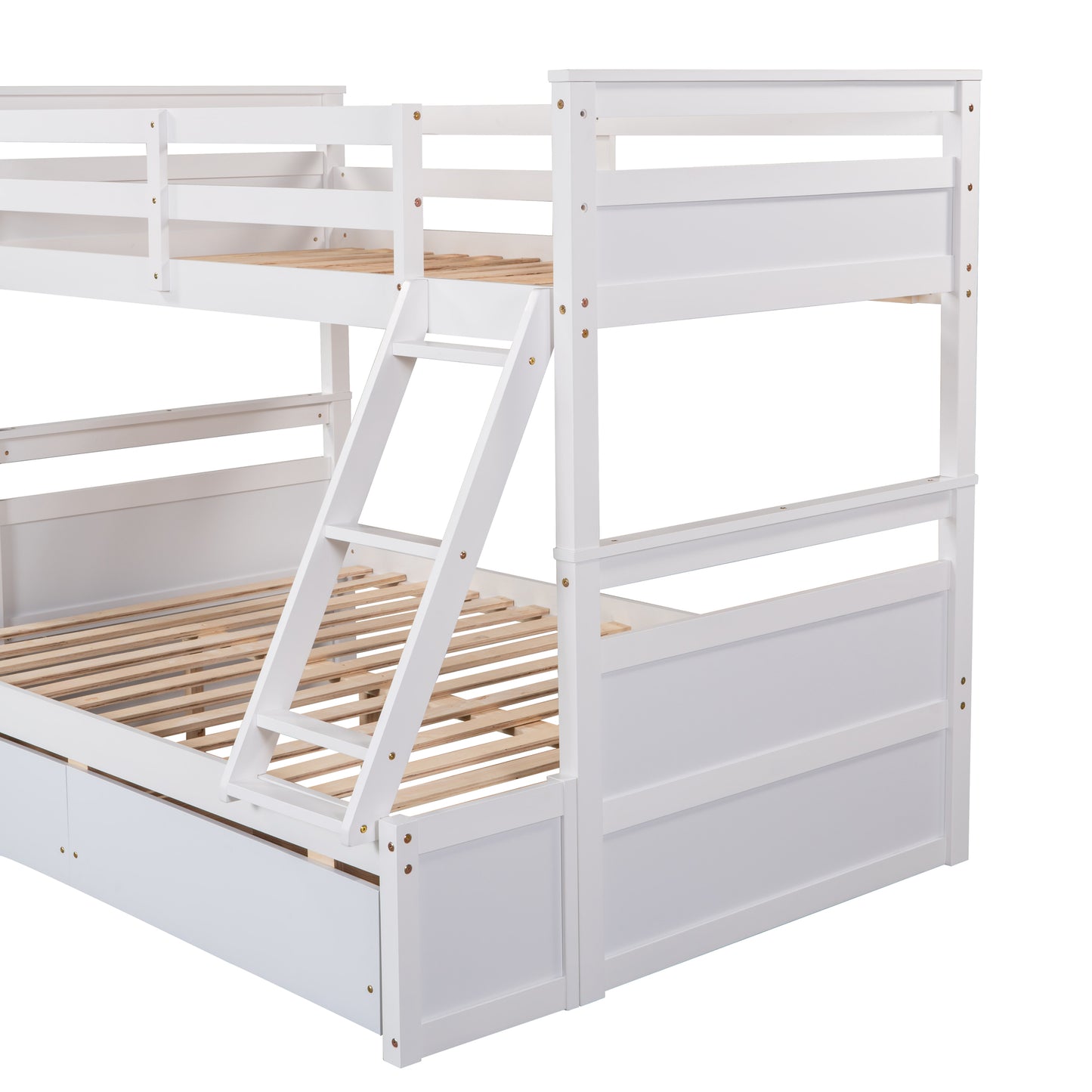 White wooden bunk bed with ladder and pullout drawer