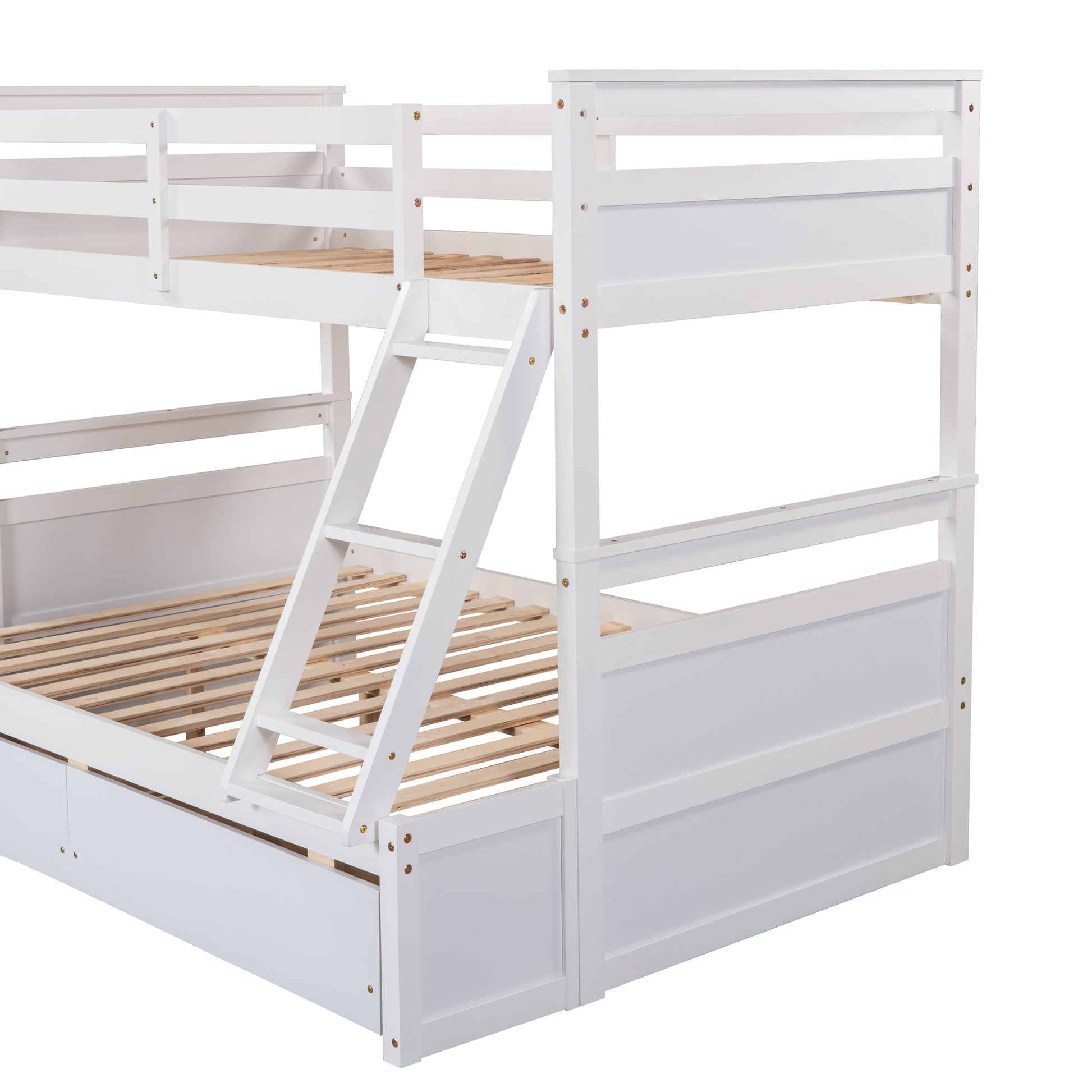 White wooden bunk bed with ladder and pullout drawer