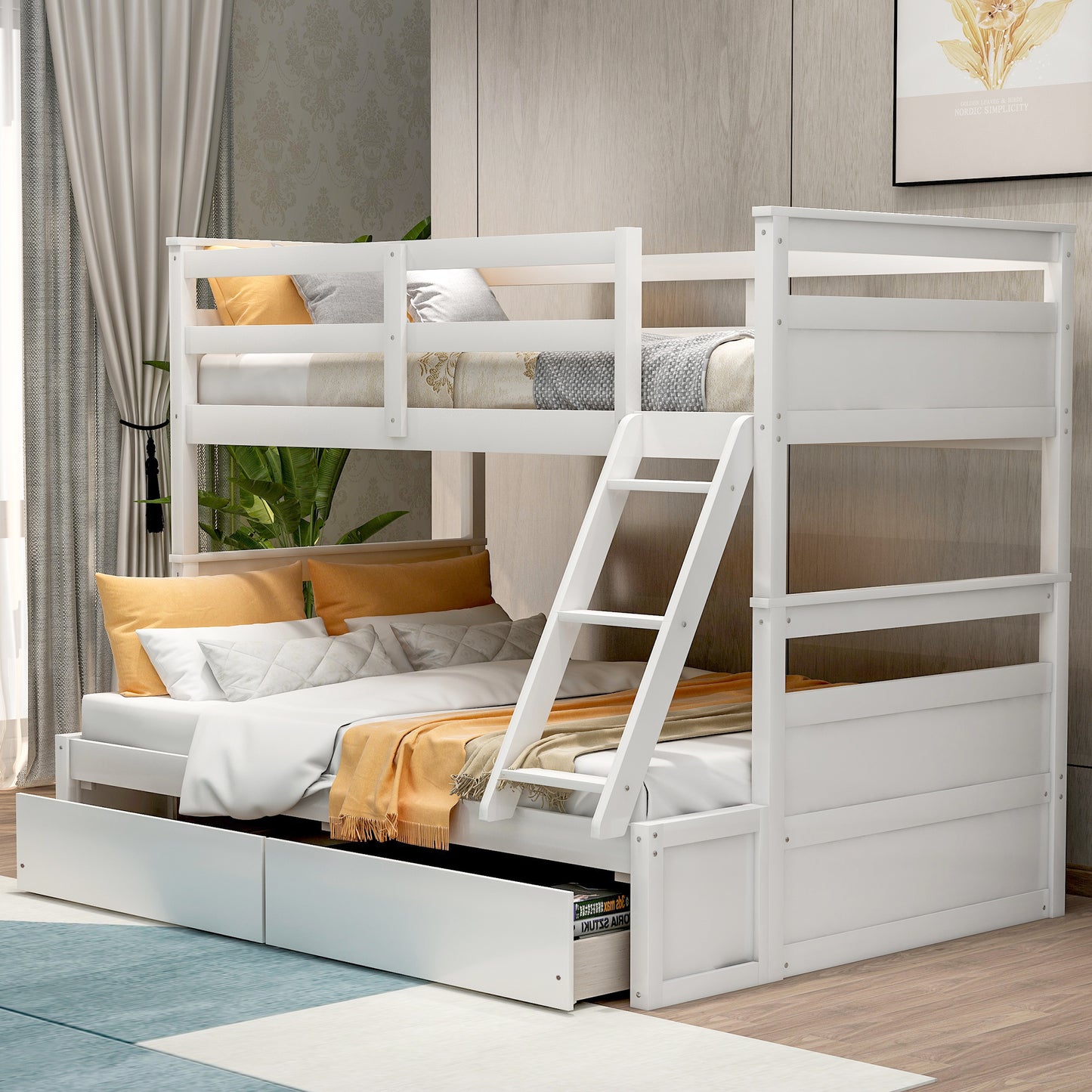 White wooden triple bunk bed with storage drawers