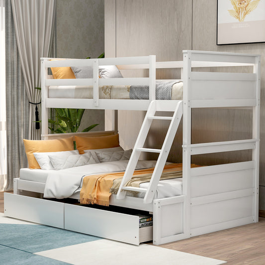 White wooden triple bunk bed with storage drawers
