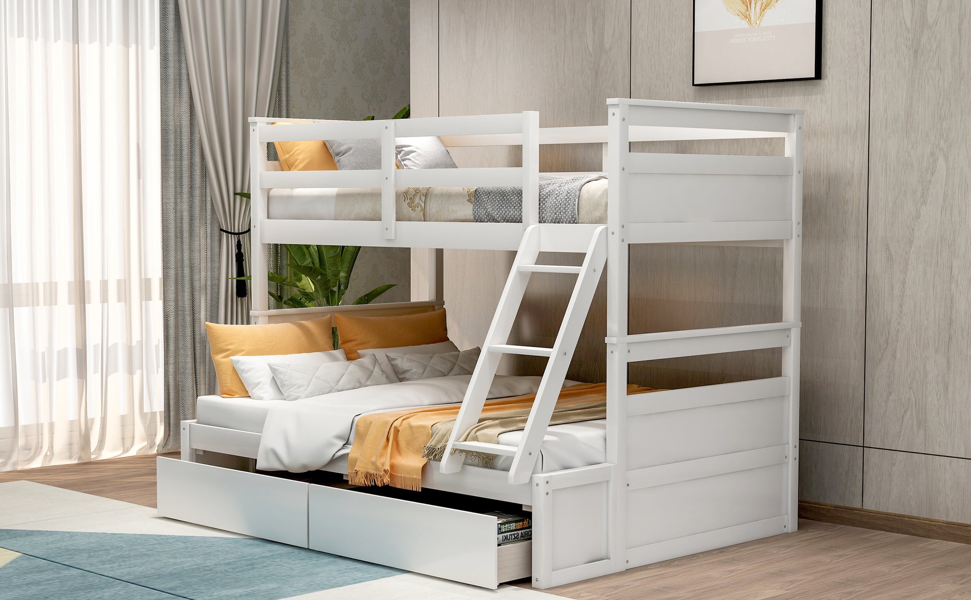 White wooden triple bunk bed with storage drawers