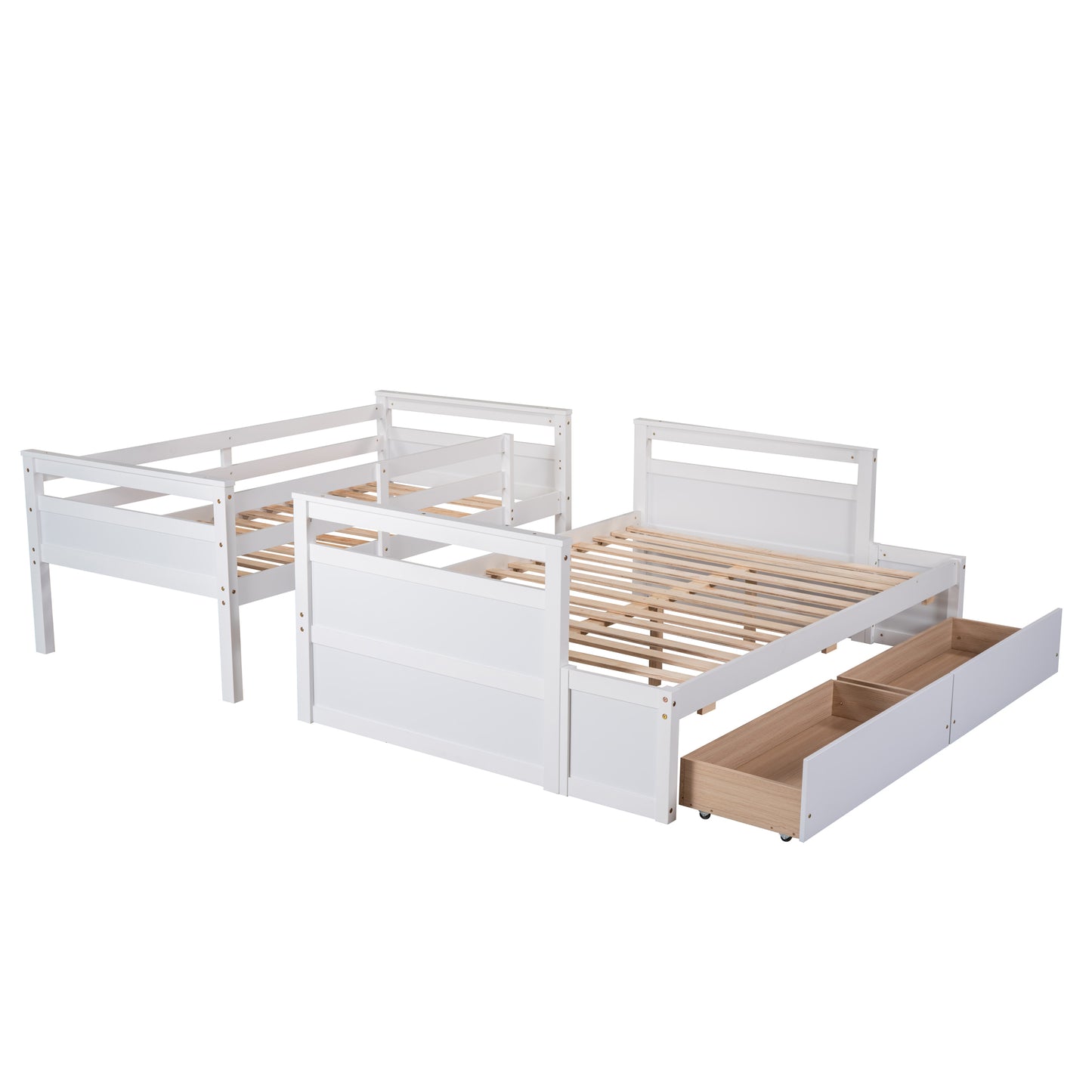 White twin over twin bunk bed with storage drawers