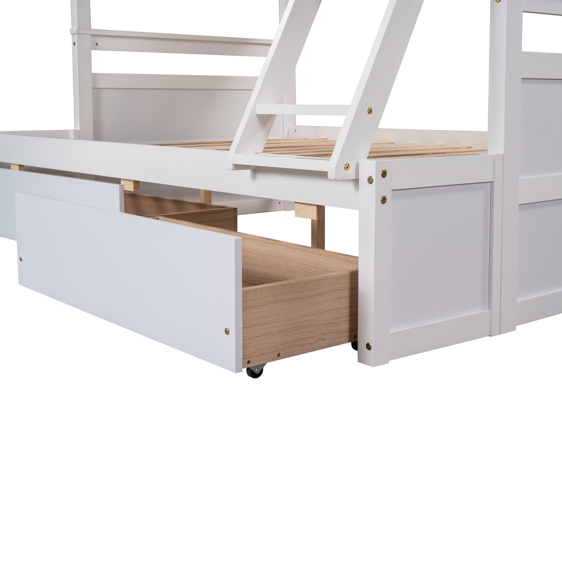 White bunk bed frame with two open storage drawers underneath