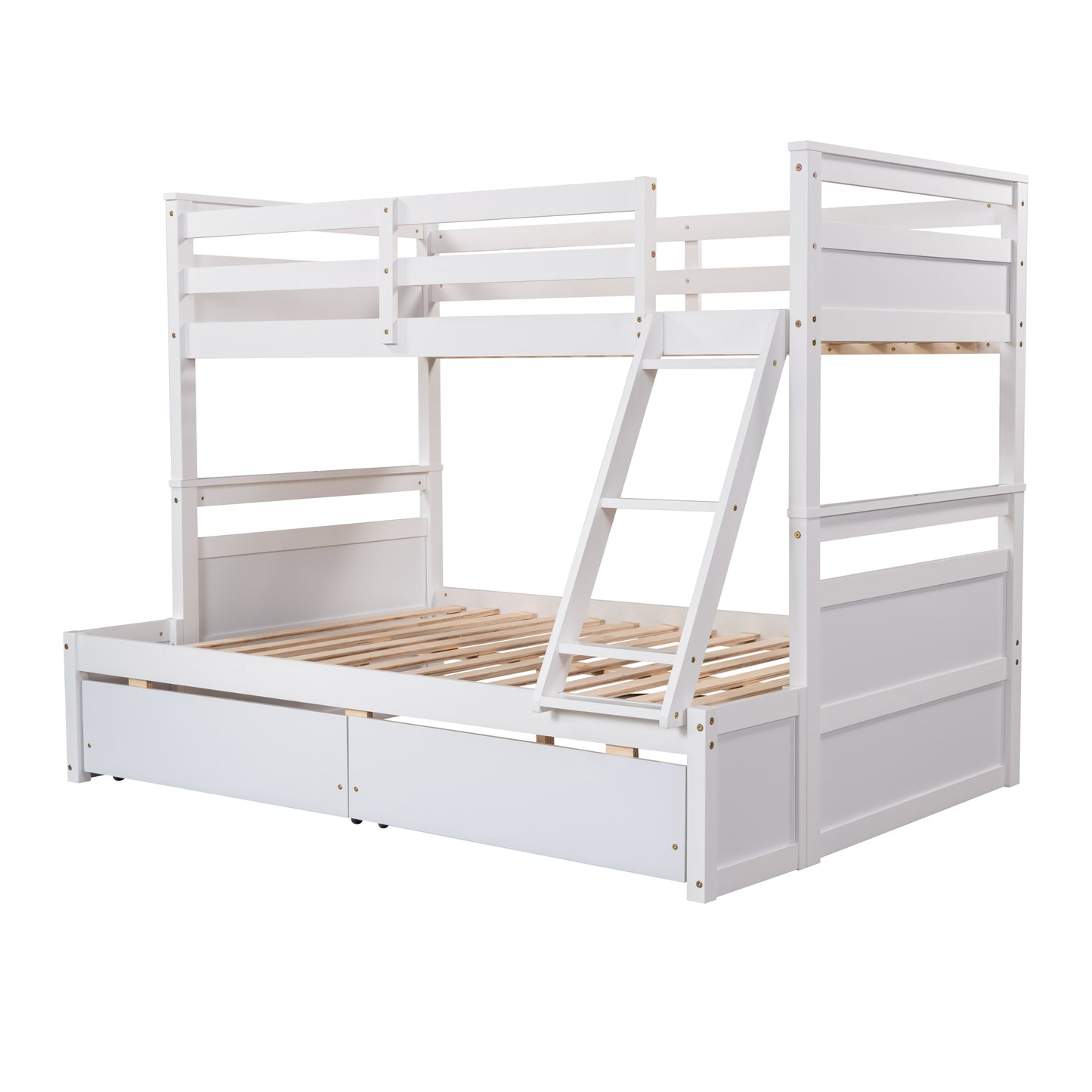 White wooden triple bunk bed with storage drawers