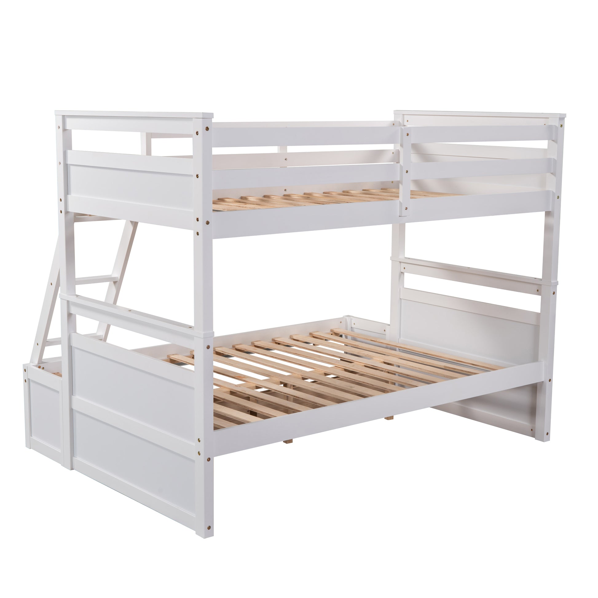White wooden bunk bed with ladder and drawer storage for children