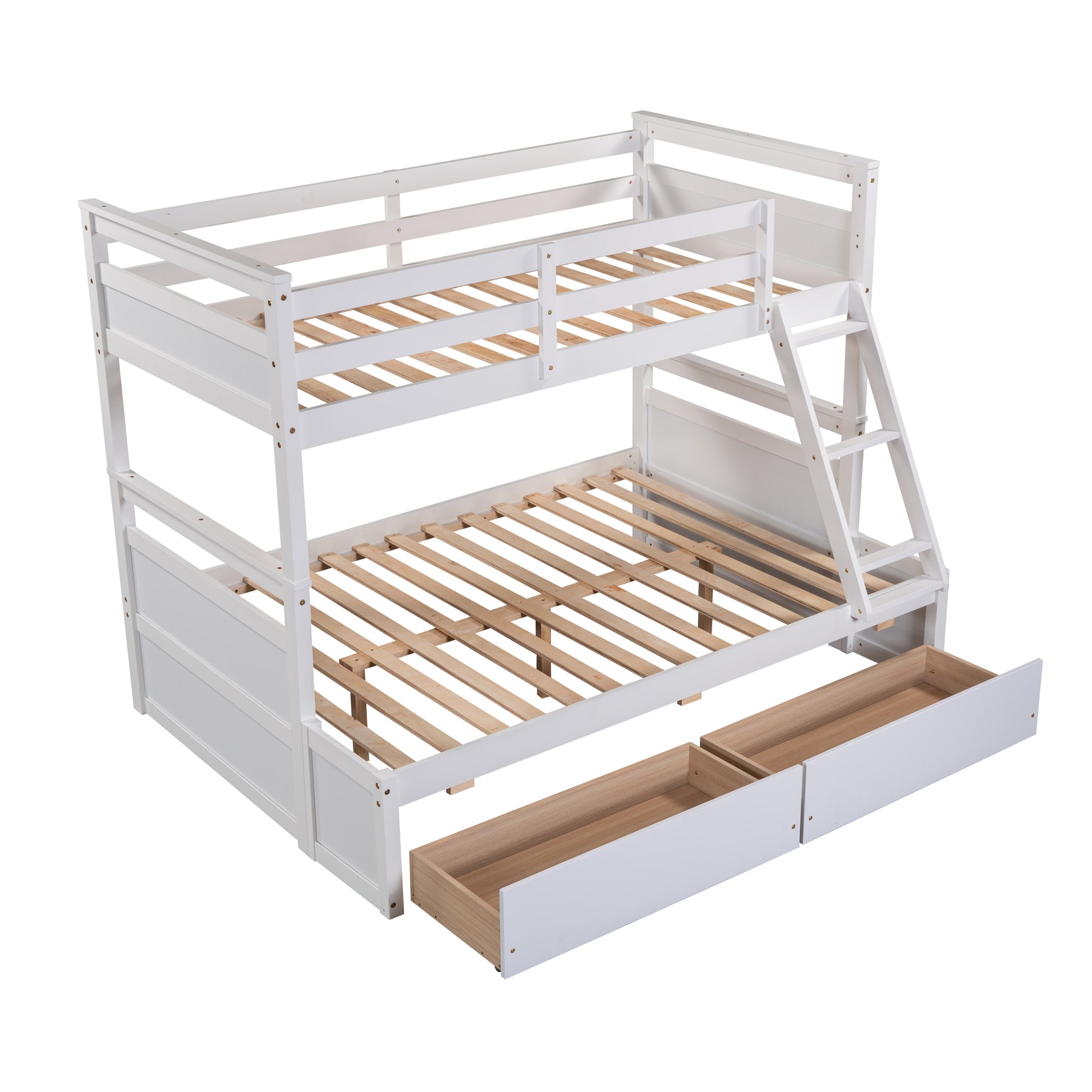 White wooden triple bunk bed with ladder and storage drawers