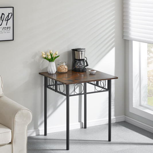 Rustic wood finish dining table with black metal legs and decorative circular accents