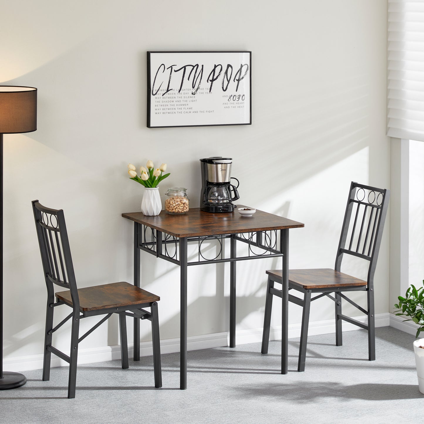 Rustic brown wood dining table with black metal frame and matching chairs