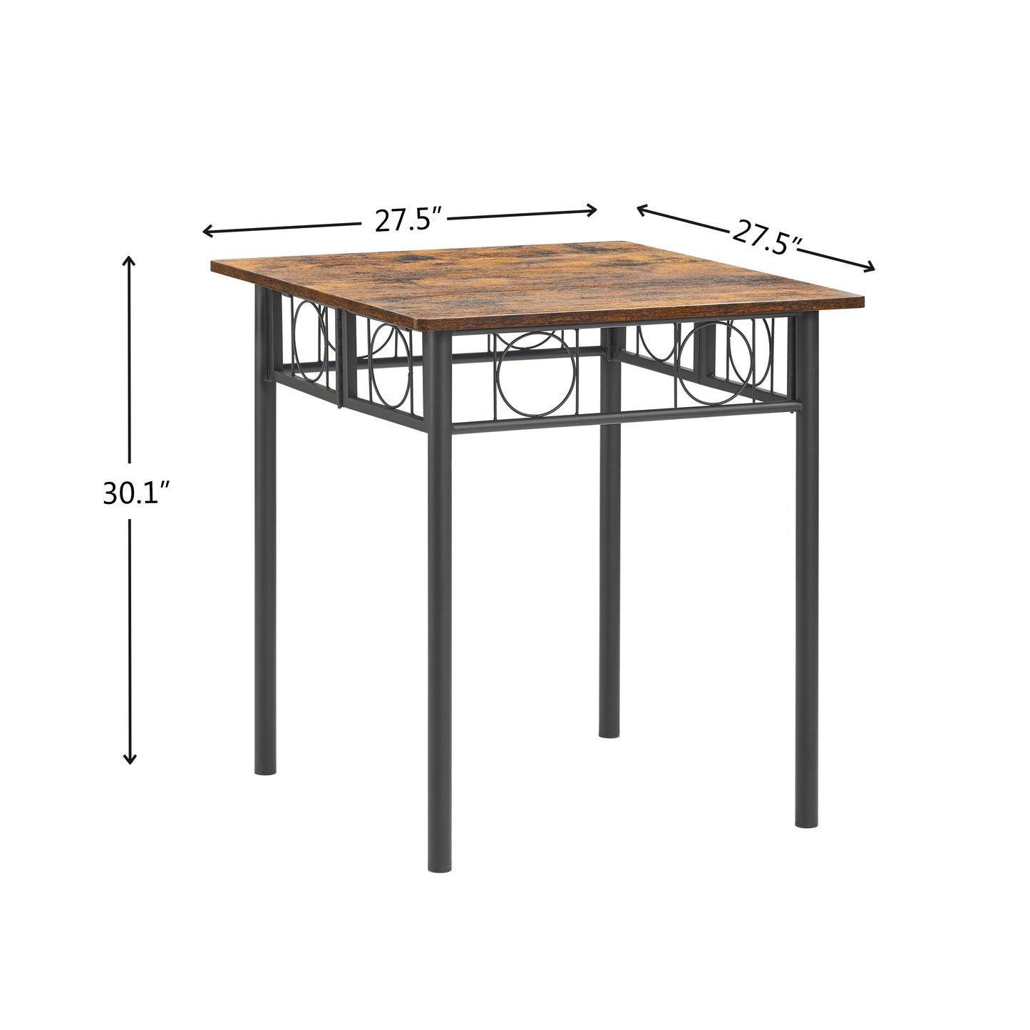 Rustic brown distressed wood square dining table with black metal legs