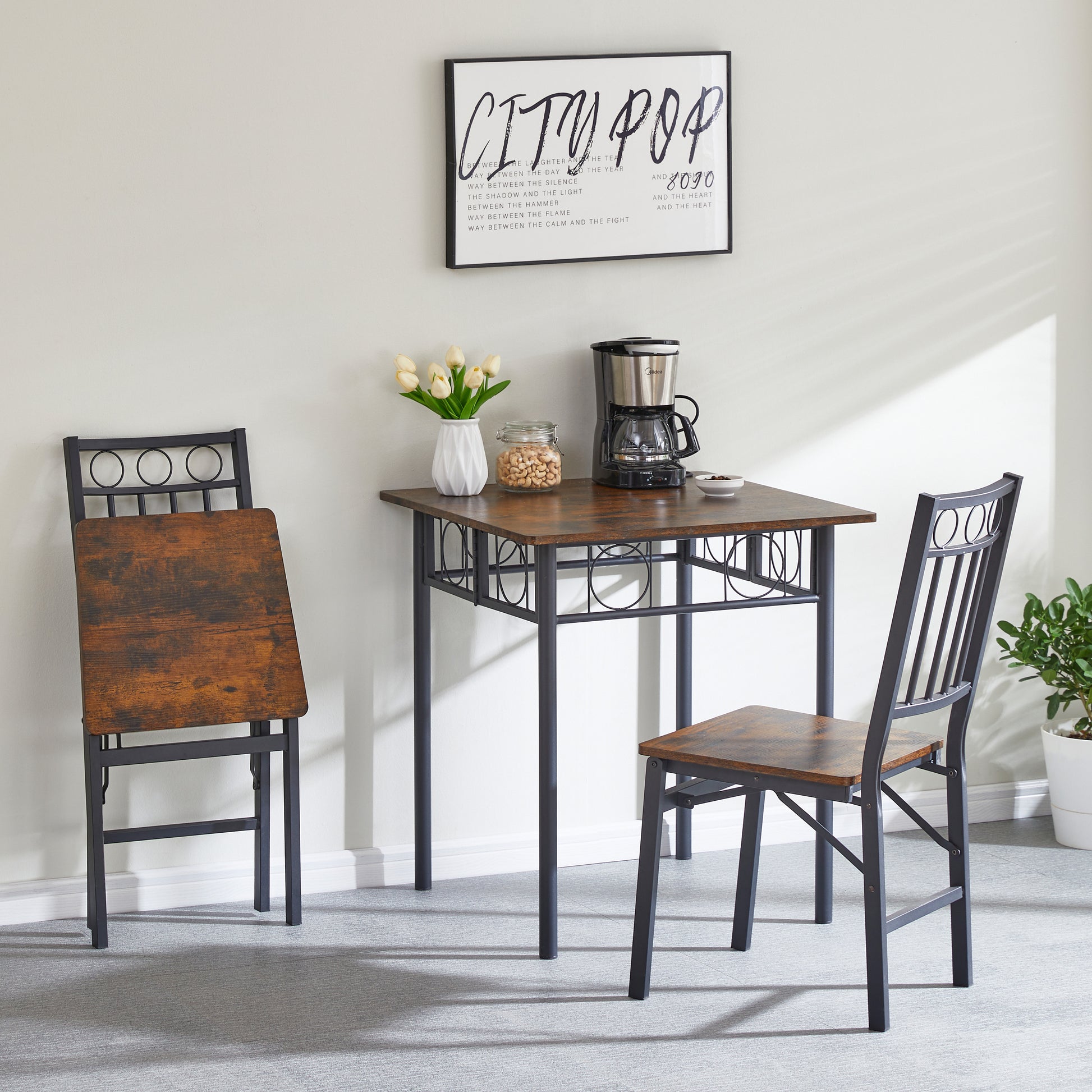 Rustic wood and metal dining set with foldable chair