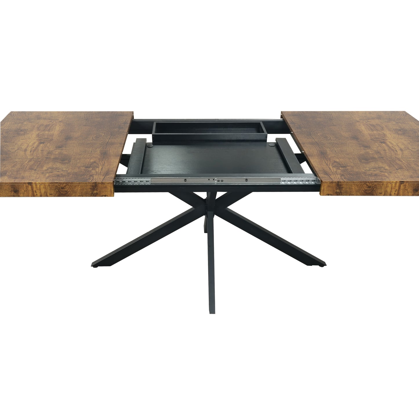 Extendable dining table with rustic wood grain top and black metal pedestal base