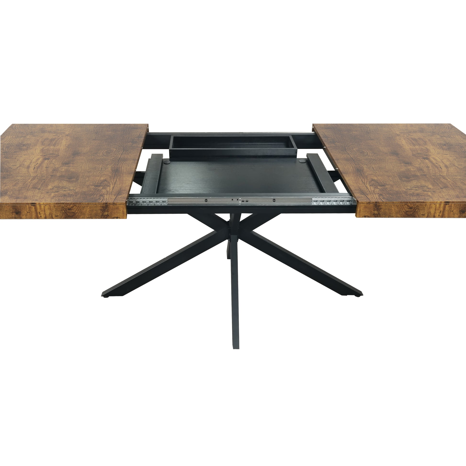 Extendable dining table with rustic wood grain top and black metal pedestal base