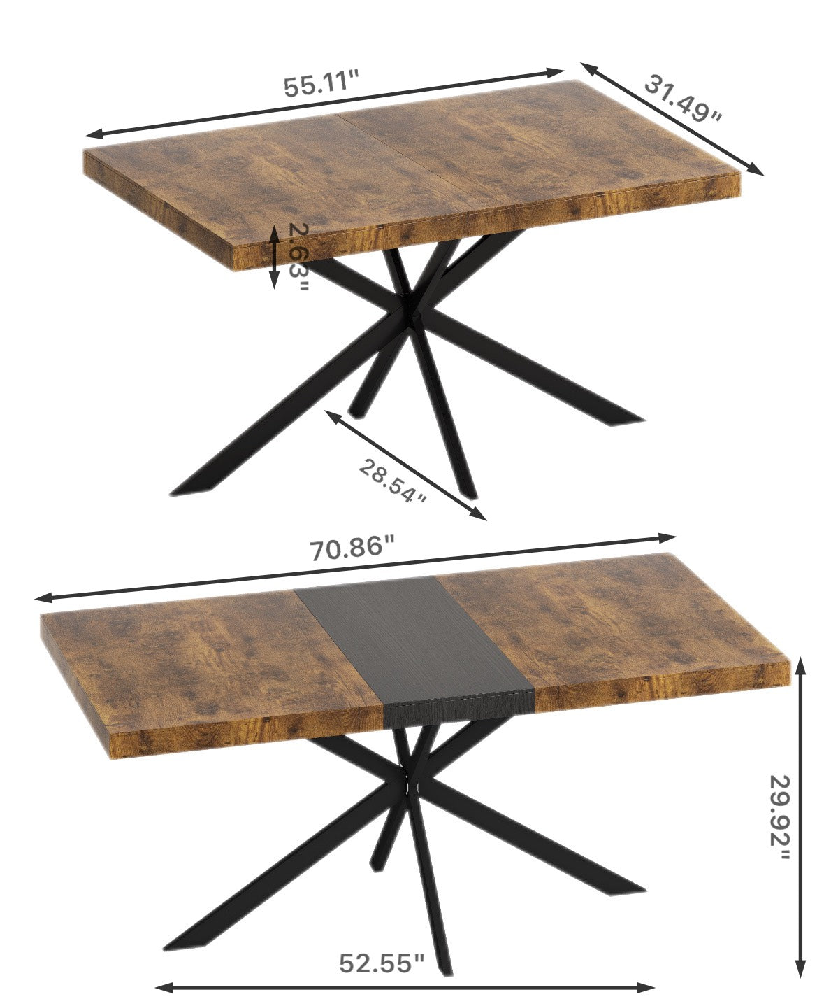 Rustic wood dining table with black metal spider legs