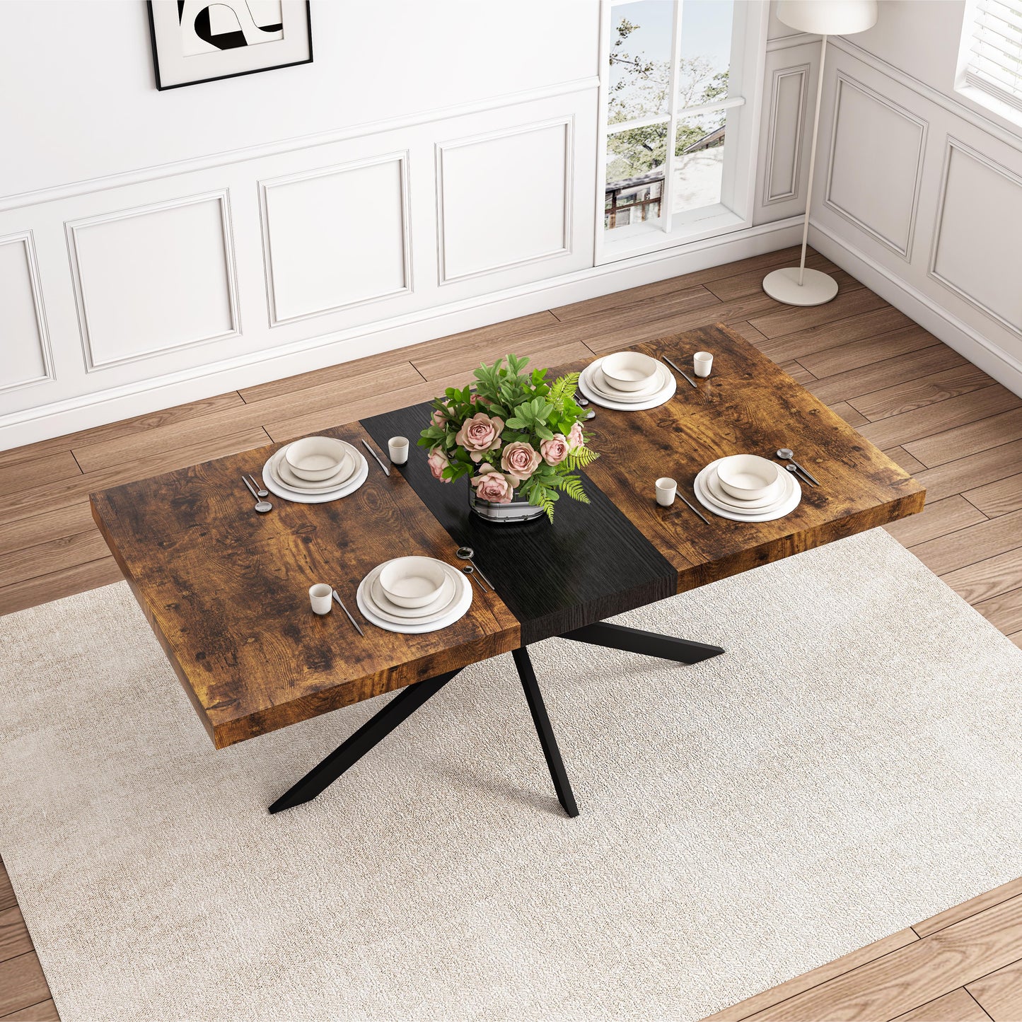 Rustic dining table with warm wood tones and black metal legs set for four