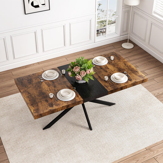 Rustic dining table with warm wood tones and black metal legs set for four